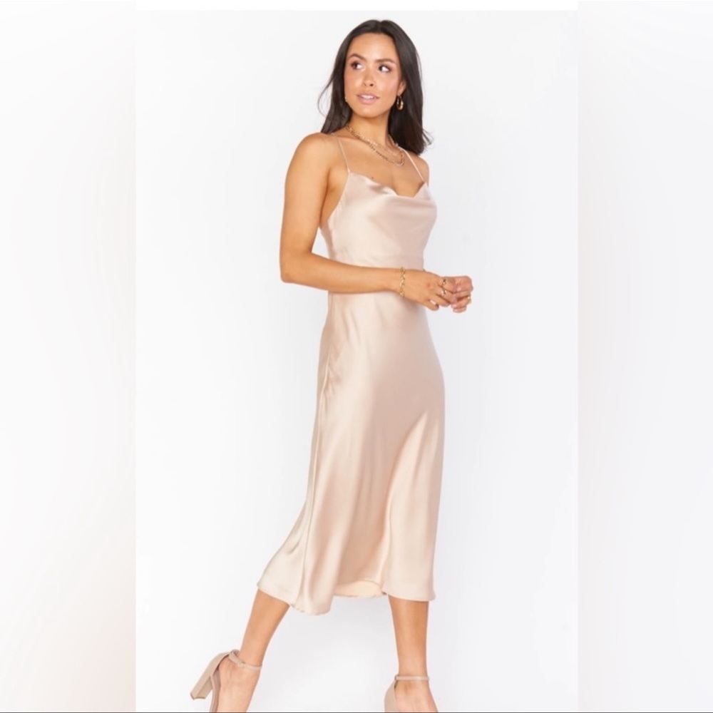 Show Me Your Mumu Champagne luxe satin Verona Cowl bridesmaid dress sz L